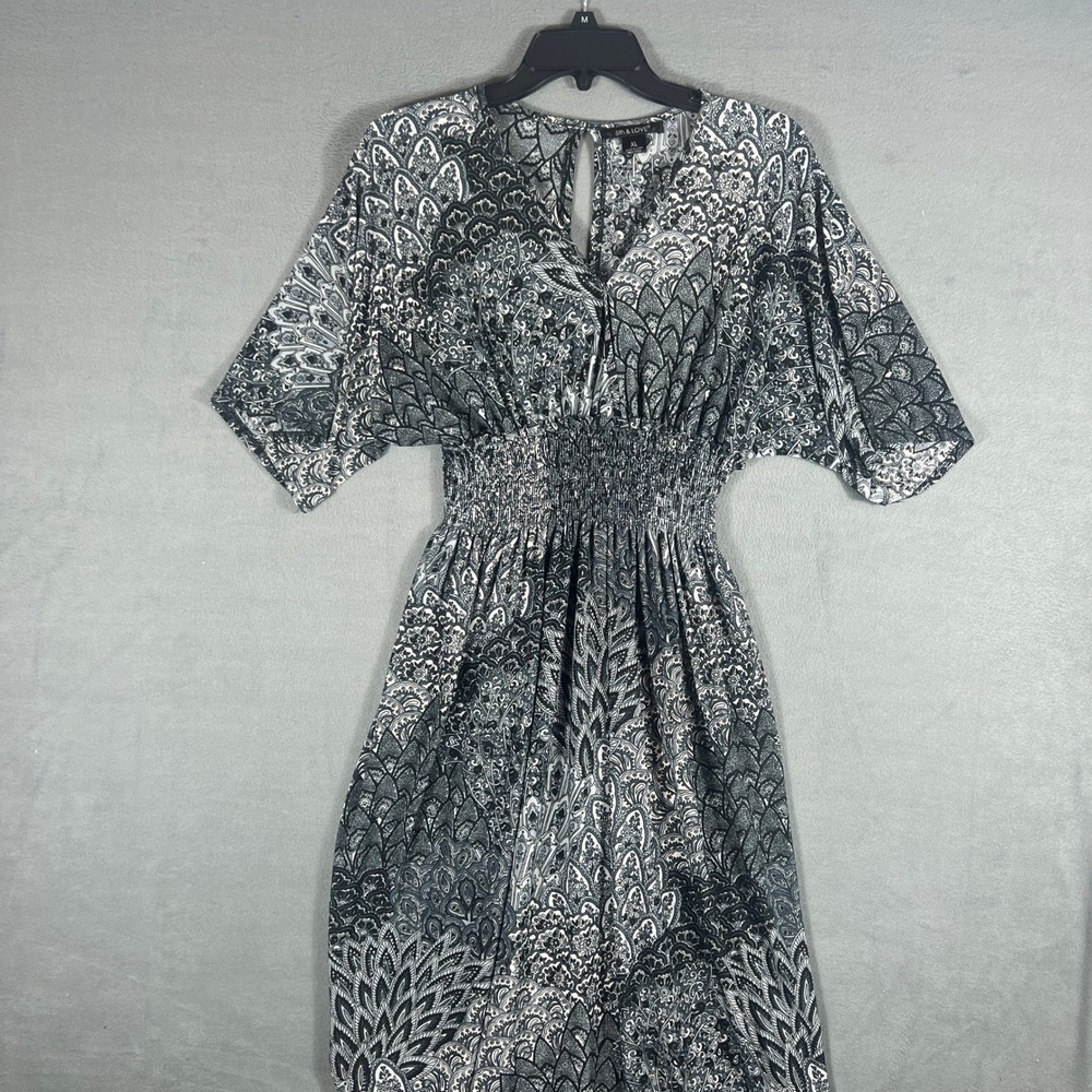 5th & LOVE Womens Maxi Dress XL Black White Paisley Smocked Short Flutter Sleeve